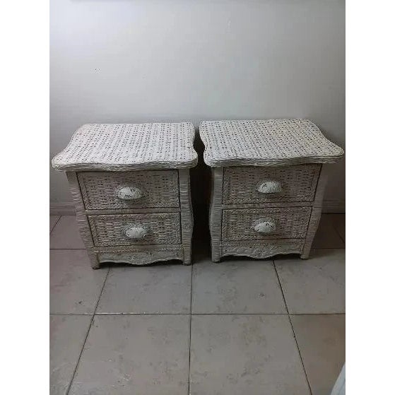Wood Vintage White Wicker Rattan Nightstand Two Drawer Set of 2 For Sale - Image 7 of 7