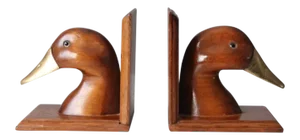 Vintage Wood and Brass Duck Bookends - a Pair