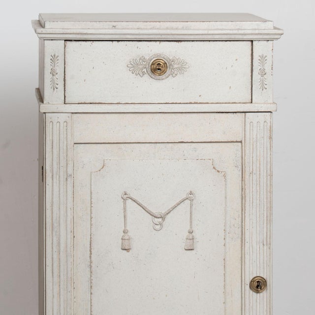 White Pair 19th Century Swedish Gustavian White Painted Narrow Cabinets For Sale - Image 8 of 18