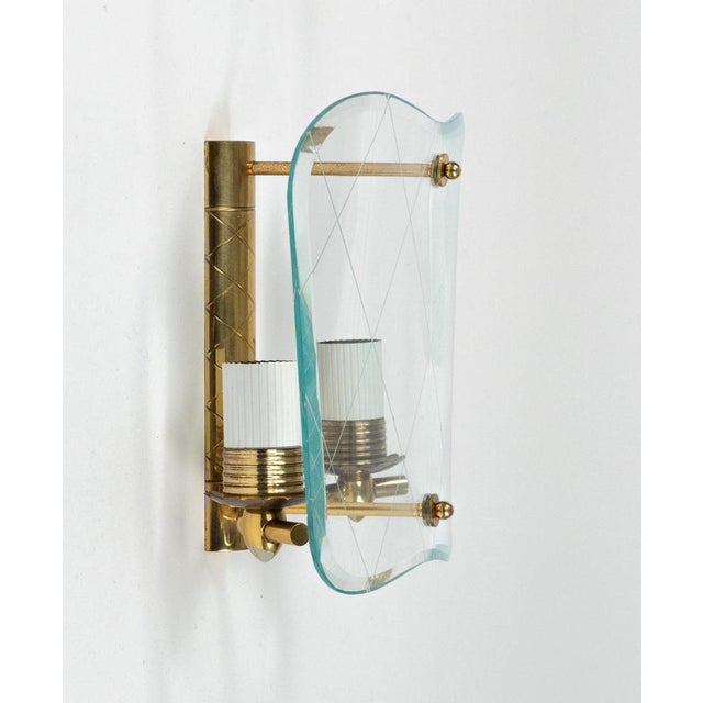 Metal Mid-Century Brass & Curved Glass Sconces in the style of FontanaArte, Italy, 1950s, Set of 3 For Sale - Image 7 of 18