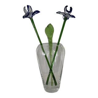 Art Glass Iris Flowers in Crystal Vase For Sale