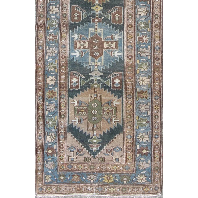 Tribal Antique Persian Hamadan Runner With Angular Medallion Design in Soft Blue, Green For Sale - Image 3 of 12