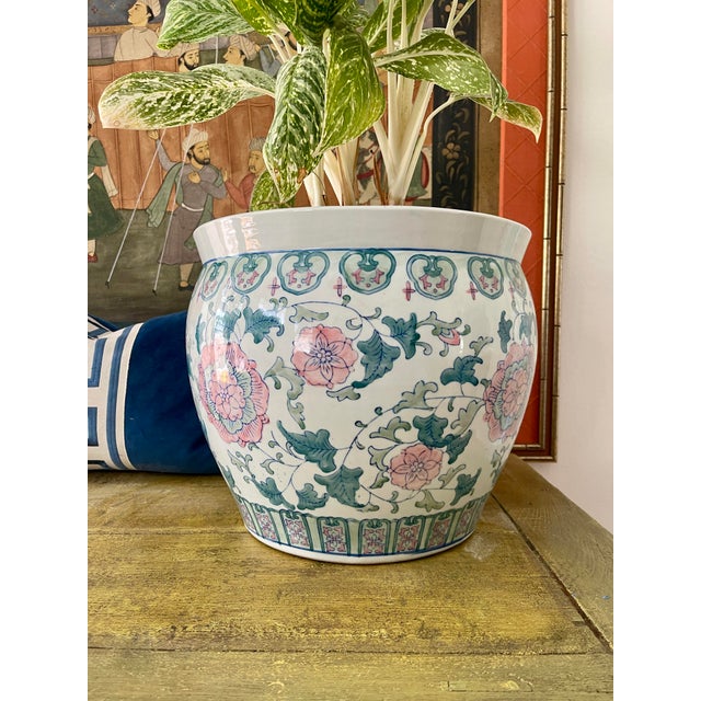 Chinoiserie Vintage Pink and Green Chinoiserie Floor Planter For Sale - Image 3 of 12