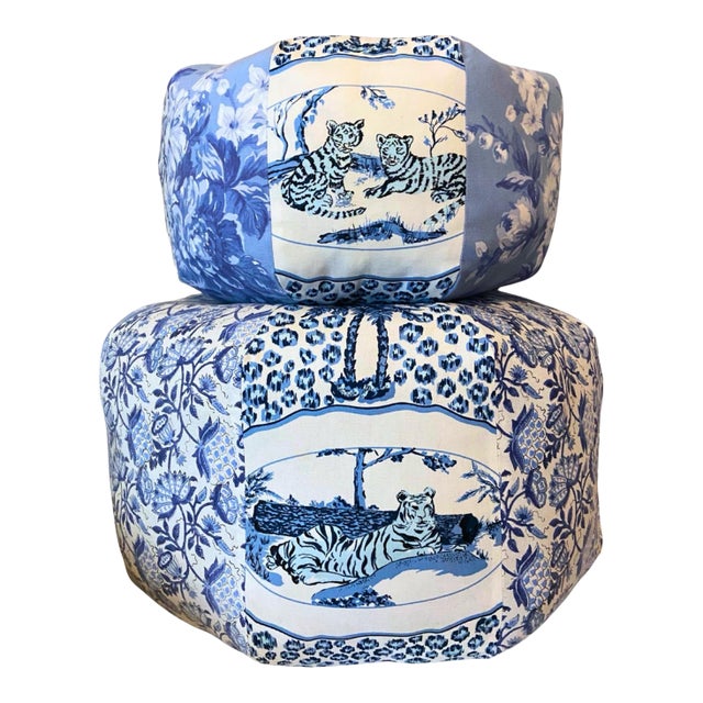 One of a Kind Up-Cycled Pouf, Ottoman, Gumdrop Pillows. Set of Two For Sale