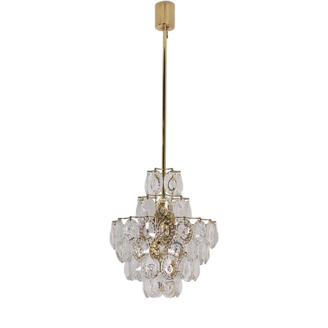 Midcentury Modern Chandelier in Brass and Crystal, 1970s For Sale