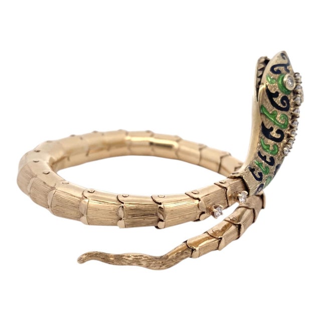 1960s Vintage 14k Enamel & Diamond Articulated Snake Bracelet For Sale - Image 10 of 10