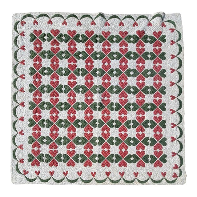 19thc Red & Green Double Hearts Applique Quilt W/ Swag Border For Sale