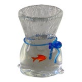 Vintage Murano Fish Inside Bag Blue Ribbon Art Glass Paperweight Trinket Holder Desk Art Original Label For Sale