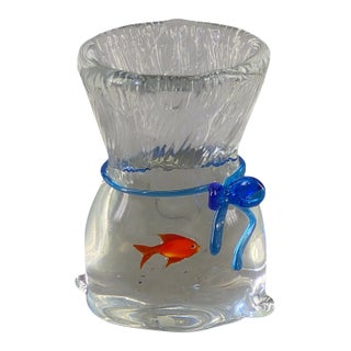 Vintage Murano Fish Inside Bag Blue Ribbon Art Glass Paperweight Trinket Holder Desk Art Original Label For Sale