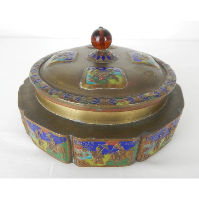 Charming Chinese brass box featuring enameled cartouche around the circumference, on the lid and a beautiful turquoise...