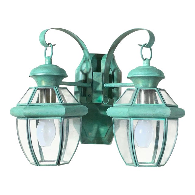 Vintage Brass 2-Light Outdoor Wall Lantern -15” W X 12”h X 8”h For Sale