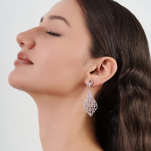 Sparkling Elegant 5.07 TCW Pink Sapphire & Diamond Partywear Dangle Earrings, 2 Pieces For Sale - Image 4 of 13