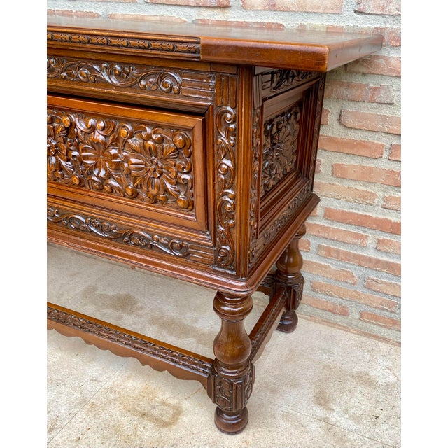 Spanish Carved Wood Sideboard With Floral Decoration, Mid-20th Century For Sale - Image 6 of 18