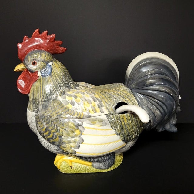 Green 1970s Italian Majolica Hand-Painted Rooster Soup Tureen With Ladle – Large 18" For Sale - Image 8 of 12