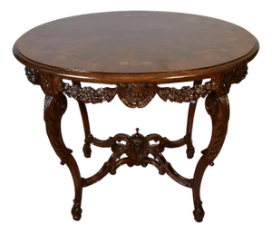 1920 Antique French Louis XV Walnut Inlaid Carved Cherubs Center / Side Table