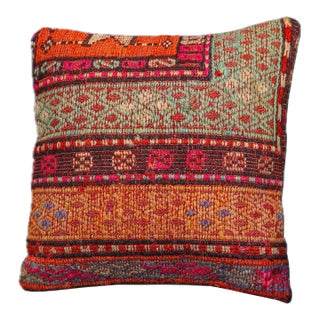 Vintage Turkish Kilim Wool Pillow Cover, Multicolor Striped Boho Cushion, 16x16 In For Sale