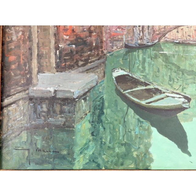 Large Vintage Signed and Framed Painting on Canvas of Venice Canal For Sale - Image 11 of 17
