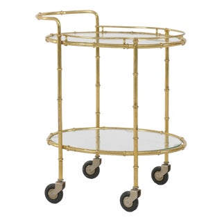 French Midcentury Brass Two-Tiered Oval Cart with Glass Shelves and Casters For Sale