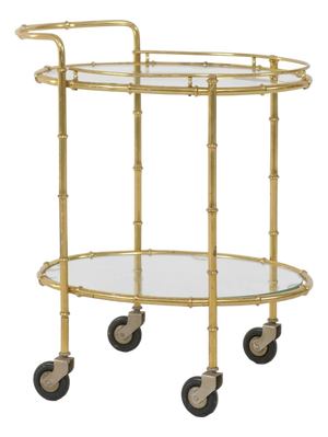 French Midcentury Brass Two-Tiered Oval Cart with Glass Shelves and Casters