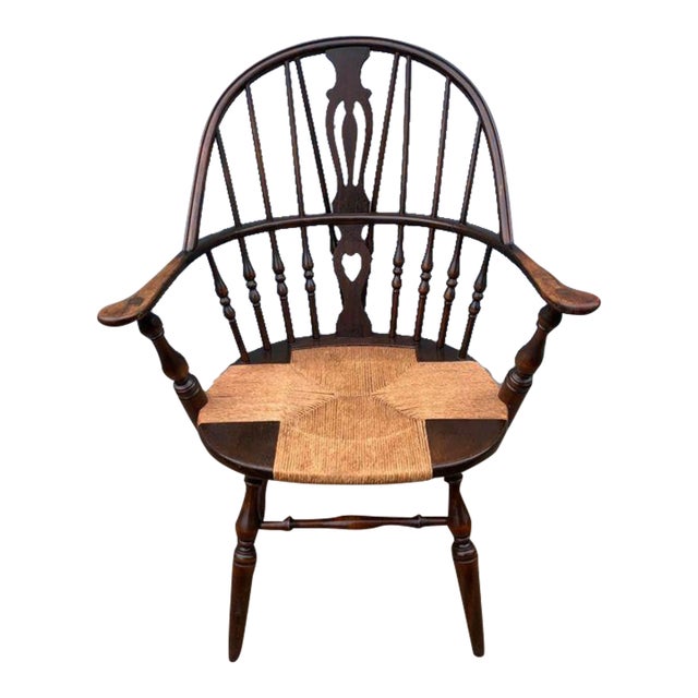 Early 20th Century Antique Windsor Style Bowl Back Rush Seat Armchair For Sale