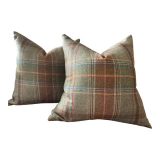 A Pair of 22” Down Filled Pillows in g.p. And J. Baker Mullberry Plaid Wool in Lovat Colorway For Sale