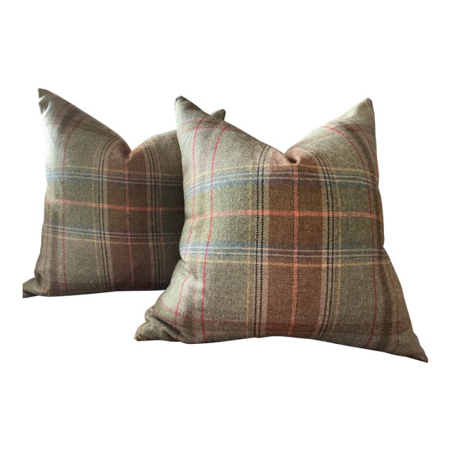 A Pair of 22” Down Filled Pillows in g.p. And J. Baker Mullberry Plaid Wool in Lovat Colorway For Sale