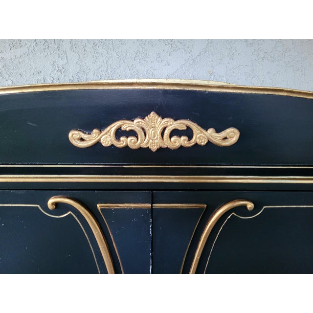 Custom French Louis XV Style Midnight Blue Armoire With Antique Brass & Velvet Medallions For Sale - Image 10 of 14