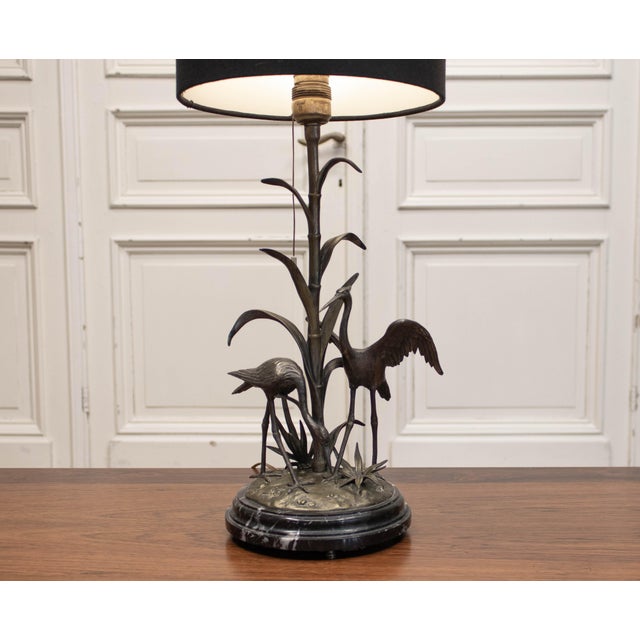 Table Lamp with Crane Bird Scene in Brass on Black Marble Base from Agudo, 1940s For Sale - Image 9 of 9