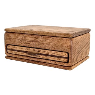 1970s American Craftsman Oak Wood Jewelry Box With Drawer For Sale
