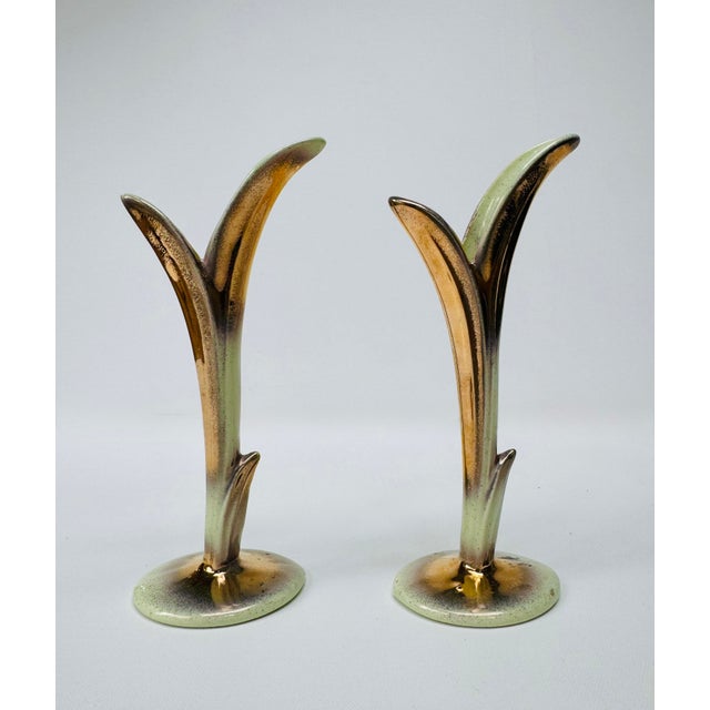 Mid-Century Modern Pair 1950s Bud Vases Attributed to Bauer Pottery, Green and Gold For Sale - Image 3 of 10