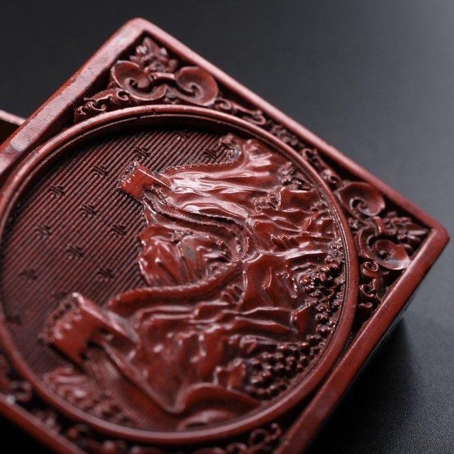 Chinoiserie Red Lacquer Document Box, Rectangular Relief Carved Landscape, Tabletop Decor For Sale - Image 9 of 9