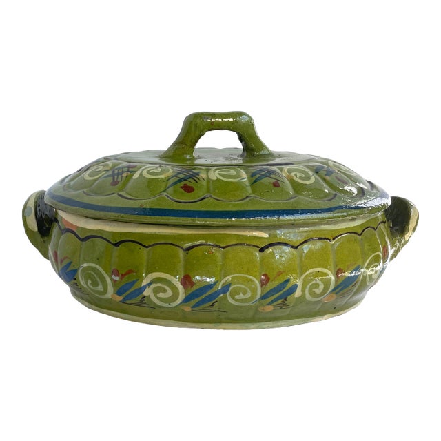 1940s Handmade Mexican Green Lidded Casserole - For Sale