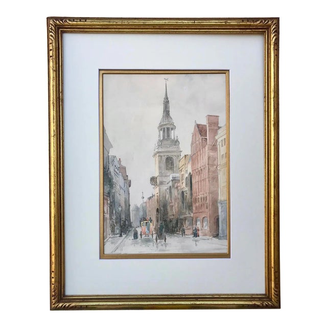 Antique English Watercolor Church of St Mary-Le-Bow London Circa 1900 For Sale