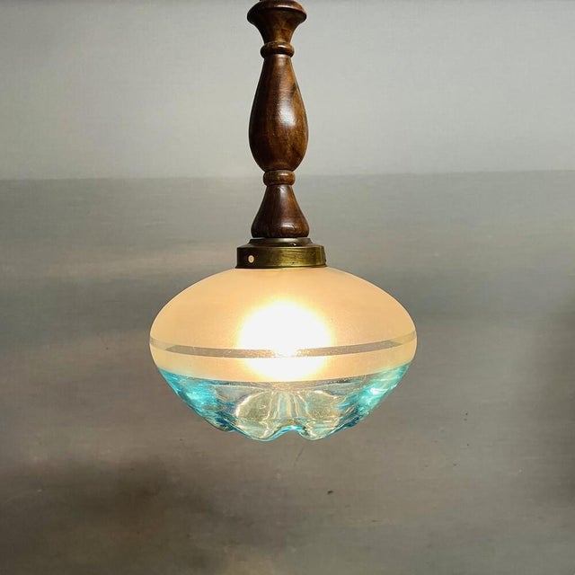 Blue Mid-Century Modern Agua Blue Art Glass Pendant Light in Teak, 1960s For Sale - Image 8 of 11