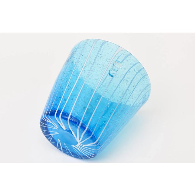Turquoise Murano Venini Sapphire Turquoise Glass Ice Bucket With White Lines 1980's For Sale - Image 8 of 10