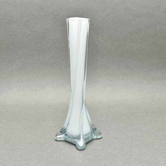 Vintage MCM Twisted White Cased Clear Glass Bud Vase For Sale - Image 4 of 8