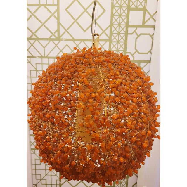 Glass Vintage Orange Glass Beaded Large Round Orb Globe Chandelier Pendent Light Fixtures- A Pair For Sale - Image 7 of 13