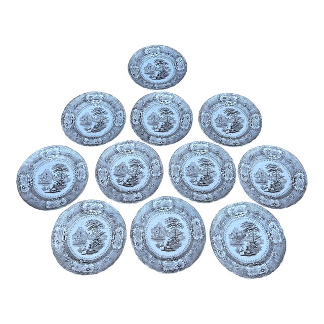 Circa 1850’s Antique Brown Transfer Decorated Plates, “Verona”, by Cork & Edge- Set of 11 For Sale