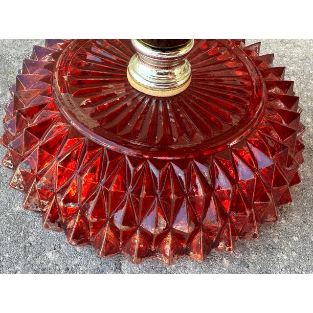 Vintage 1973 Brass Footed Ruby Red Diamond Cut Glass Compote Dish For Sale - Image 11 of 12
