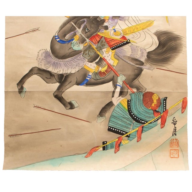 Japanese Mid 20th Century Showa Era Japanese Watercolor Painting of Samurai For Sale - Image 3 of 10