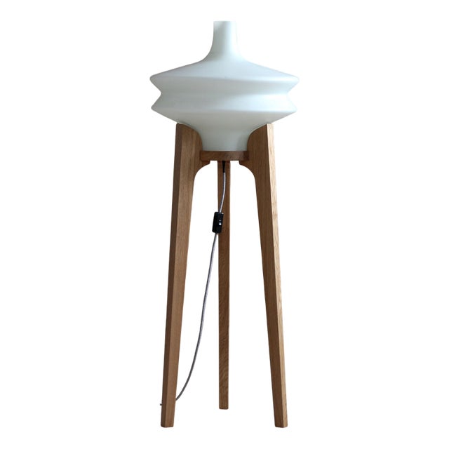 Space Age Floor Lamp with White Glass Lampshade and Wooden Tripod Base, Czechoslovakia, 1960s For Sale