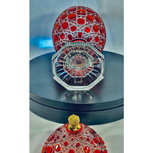 Revival Imperial Ruby Crystal Egg, Bonbonniere, Candy Dish Etched Base With "Faberge" With Original Presentation Box & Certificate For Sale - Image 17 of 18