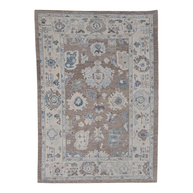 Turkish Oushak Rug Gray & Blue Handwoven Wool Rug 6'2" X 8'8" For Sale
