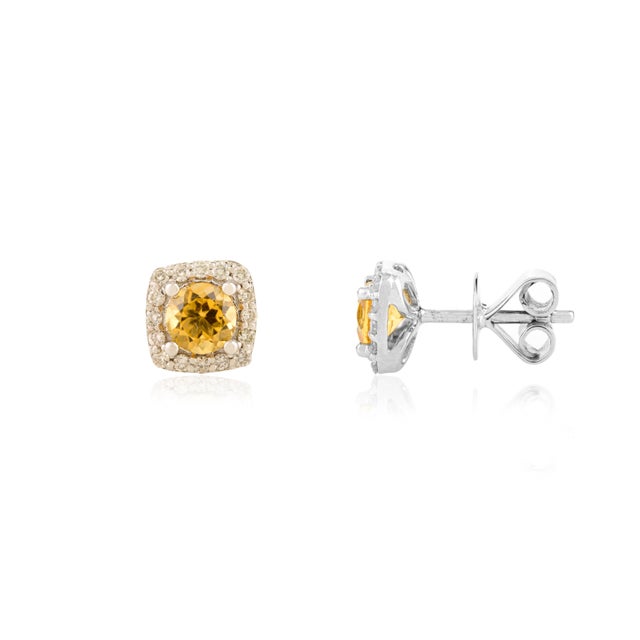 Unique 14k Gold Citrine Halo Diamond Stud Earrings- 2 Pieces For Sale - Image 4 of 10