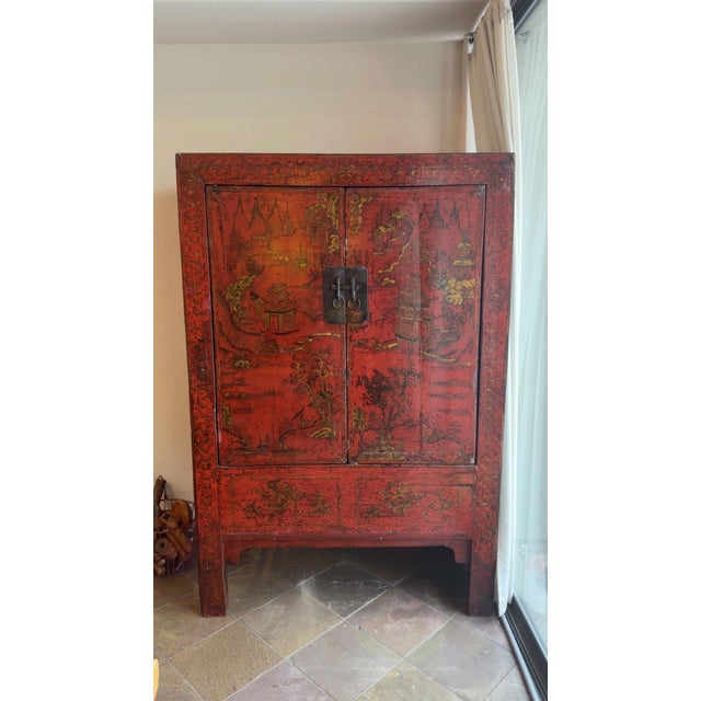 Chinoiserie Late 19th Century Red Antique Chinese Chinoiserie Style Wedding Cabinet For Sale - Image 3 of 12