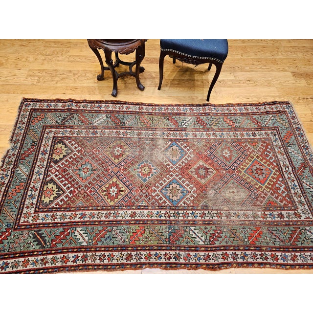 Textile Antique Caucasian Kazak Area Rug, Handwoven Allover Design, Red & Green, 5' x 8' For Sale - Image 7 of 18