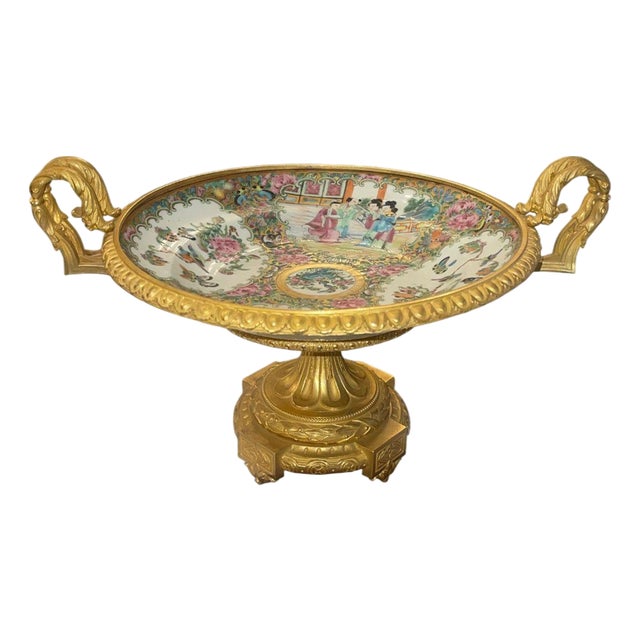 Late 19th C. French Gilt Bronze Mounted Chinese Famille Rose Centerpiece Tazza For Sale
