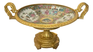 Late 19th C. French Gilt Bronze Mounted Chinese Famille Rose Centerpiece Tazza