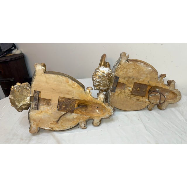 Large Antique Ornate Carved Italian Gilt Wood Cherub Wall Sconce Fixtures - a Pair For Sale - Image 14 of 18
