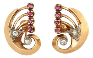 Retro Diamond & Ruby 14k Rose Gold Screw Back Earrings